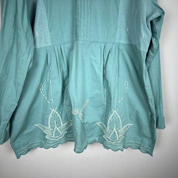Parsley & Sage Tunic Top Womens 2X Green Blue Mixed Media Embroidered Button Up - Picture 12 of 15